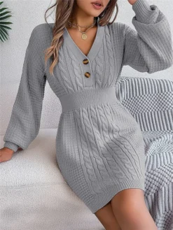 Women's Sweater Dress Winter Dress Jumper Dress Mini Dress Active Pure Color Outdoor Casual Holiday Vacation V Neck Long Sleeve Button 2023 Regular Fit White Pink Green S M L -Party Prom Dresses Sales Store djupad1696926546985
