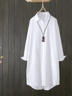 Women's Shirt Dress Casual Dress Cotton Dress Midi Dress Cotton Blend Basic Classic Outdoor Office Daily Shirt Collar Button Pocket Long Sleeve Summer Spring Fall 2023 Loose Fit White Plain M L XL