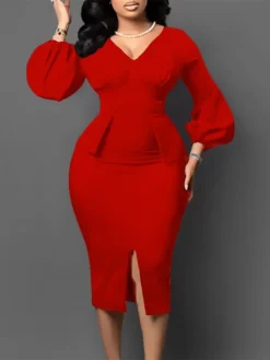 Women's Work Dress Sheath Dress Black Dress Fashion Puff Sleeve Midi Dress Ruched Split V Neck Long Sleeve Plain Regular Fit Black White Red Fall Winter S M L XL XXL -Party Prom Dresses Sales Store dkimoa1693206398693