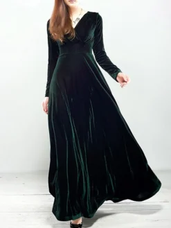 Women‘s Party Dress Wedding Guest Dress Velvet Dress Long Dress Maxi Dress Black Wine Royal Blue Long Sleeve Pure Color Ruched Fall Spring V Neck Fashion Party Winter Dress Evening Party 2023 S M L XL -Party Prom Dresses Sales Store dlrqfn1664516293665