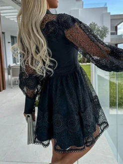 Women's Party Dress Lace Dress Homecoming Dress Mini Dress Black White Long Sleeve Pure Color Lace Summer Spring Fall Stand Collar Fashion Wedding Guest Birthday Vacation Slim 2023 S M L XL -Party Prom Dresses Sales Store dlsmdj1681263748318