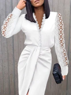 Women's Party Dress Lace Dress Sheath Dress Knee Length Dress Black White Long Sleeve Pure Color Lace Fall V Neck Work 2023 S M L XL XXL -Party Prom Dresses Sales Store dltkxj1662028146662