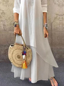 Women's Cotton Linen Dress Casual Dress Swing Dress Maxi Long Dress Cotton Blend Basic Casual Outdoor Daily V Neck Ruched Layered Half Sleeve Summer Spring Fall 2023 Loose Fit White Plain S M L XL 2XL -Party Prom Dresses Sales Store dmiuez1679378216548