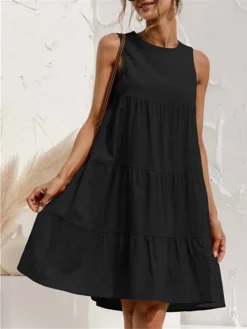 Women's Casual Dress Cotton Linen Dress A Line Dress Mini Dress Cotton Blend Basic Casual Outdoor Daily Crew Neck Ruched Sleeveless Summer Spring 2023 Regular Fit Light Blue ArmyGreen Black Pure Color -Party Prom Dresses Sales Store dnlbxo1678780278604