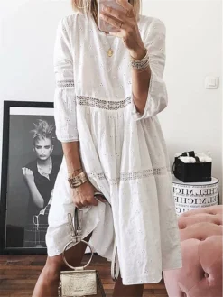Women's Casual Dress Cotton Linen Dress Swing Dress Midi Dress Cotton Blend Basic Classic Outdoor Daily Weekend Crew Neck Eyelet 3/4 Length Sleeve Summer Spring Fall 2023 Loose Fit White Yellow Blue