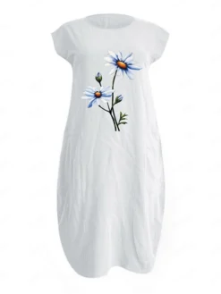 Women's Cotton Linen Dress Midi Dress Linen Cotton Blend Casual Outdoor Daily Vacation Crew Neck Pocket Rolled Cuff Short Sleeve Summer Spring 2023 Loose Fit Black White Navy Blue Floral S M L XL XXL -Party Prom Dresses Sales Store dnypgm1654165015298