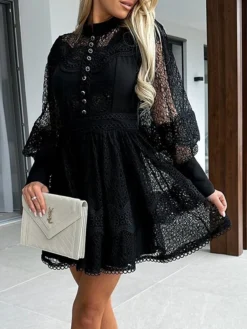 Women's Party Dress Lace Dress Homecoming Dress Mini Dress Black White Long Sleeve Pure Color Lace Summer Spring Fall Stand Collar Fashion Wedding Guest Birthday Vacation Slim 2023 S M L XL -Party Prom Dresses Sales Store doxufa1681263749224