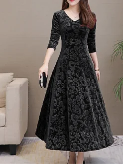 Women's Party Dress Velvet Dress Swing Dress Midi Dress Black Red Green Long Sleeve Floral Jacquard Spring Fall Winter V Neck Fashion Winter Dress Wedding Guest Vacation Slim 2023 M L XL XXL 3XL -Party Prom Dresses Sales Store dqgimz1630489604576