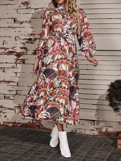 Women's Work Dress Swing Dress Semi Formal Dress Fashion Long Dress Maxi Dress Button Print Shirt Collar Long Sleeve Geometric Color Block Loose Fit Red Fall Winter S M L XL XXL