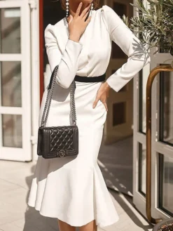 Women's Work Dress Sheath Dress White Dress Fashion Office Daily Midi Dress Ruffle Button Crew Neck Long Sleeve Plain Regular Fit White Spring Fall S M L XL XXL