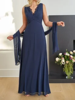 Women's Two Piece Dress Set Party Dress Lace Dress Party Outdoor Fashion Streetwear Lace Patchwork Long Dress Maxi Dress V Neck Sleeveless Plain Regular Fit Navy Blue Fall Winter S M L XL XXL