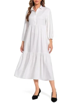 Women's Work Dress Satin Dress Swing Dress Fashion Midi Dress Ruffle Button Shirt Collar Long Sleeve Plain Loose Fit White Fall Winter S M L XL XXL -Party Prom Dresses Sales Store drdplb1693466158194