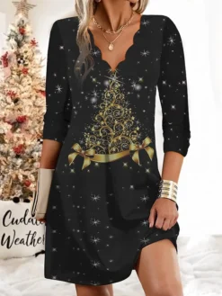 Women's Work Dress Casual Dress Fashion Winter Dress Christmas Daily Mini Dress Print V Neck Long Sleeve Santa Claus Snowman Regular Fit Black White Navy Blue Fall Winter S M L XL XXL