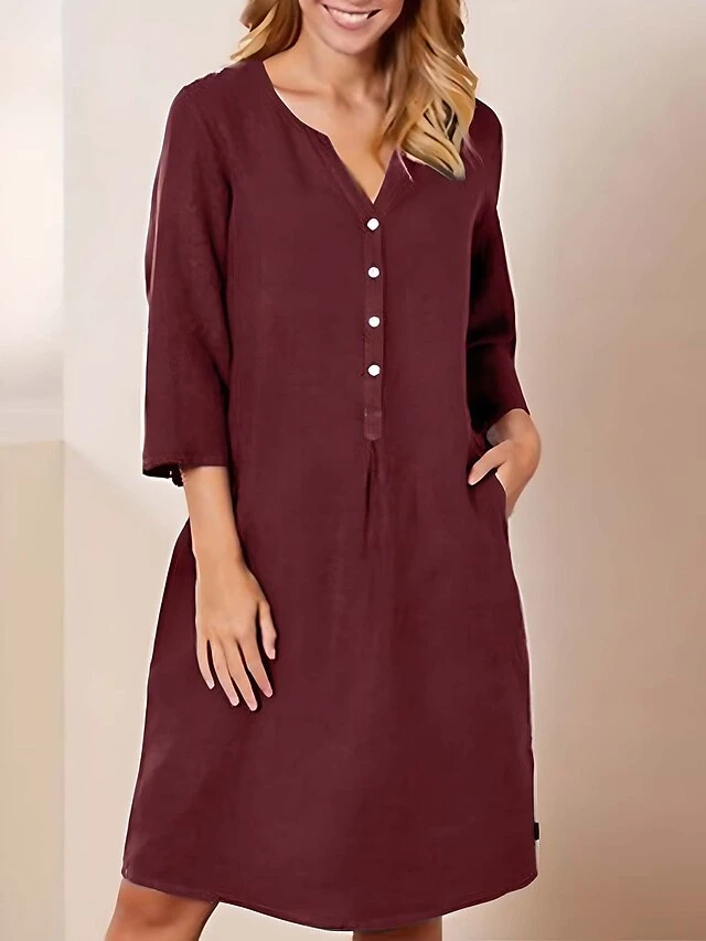 Women's Casual Dress Cotton Linen Dress Shift Dress Midi Dress Cotton Fashion Traditional / Vintage Outdoor Daily Vacation V Neck Button 3/4 Length Sleeve Fall Winter Autumn 2023 Loose Fit Wine Navy 2 Women's Casual Dress Cotton Linen Dress Shift Dress Midi Dress Cotton Fashion Traditional / Vintage Outdoor Daily Vacation V Neck Button 3/4 Length Sleeve Fall Winter Autumn 2023 Loose Fit Wine Navy - Image 2
