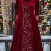 Women‘s Christmas Party Dress Velvet Dress Sequin Dress Midi Dress Wine Long Sleeve Pure Color Sparkly Glitter Sequins Spring Fall Winter Crew Neck Fashion Winter Dress Wedding Guest 2023