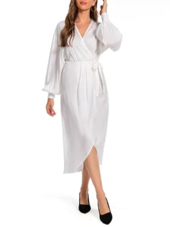 Women's Work Dress Satin Dress White Dress Fashion Midi Dress Lace Up V Neck Long Sleeve Plain Loose Fit White Fall Winter S M L XL XXL