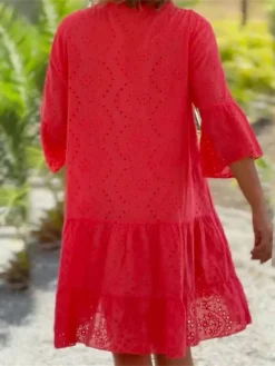 Women's Casual Dress Cotton Linen Dress Shift Dress Midi Dress Cotton Blend Fashion Casual Outdoor Daily Vacation Split Neck Ruffle Button 3/4 Length Sleeve Summer Spring Fall 2023 Loose Fit White Red -Party Prom Dresses Sales Store dsdspm1685442944322