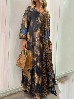 Women's Work Dress Casual Dress Swing Dress Fashion Winter Dress Daily Long Dress Maxi Dress Ruched Print V Neck Long Sleeve Leopard Loose Fit Brown Fall Winter S M L XL XXL -Party Prom Dresses Sales Store dsfgsi1695635339842