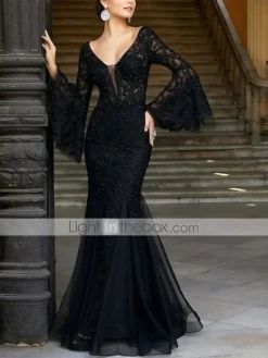 Women‘s Formal Party Dress Lace Dress Black Dress Long Dress Maxi Dress Black Long Sleeve Pure Color Lace Fall Spring Autumn V Neck Hot Winter Dress Evening Party 2023 S M L XL