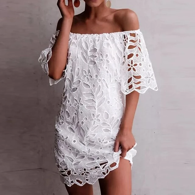 Women‘s Party Dress Wedding Guest Dress Shift Dress White Dress Mini Dress White Half Sleeve Pure Color Lace Fall Spring Autumn Off Shoulder Elegant 2023 S M L XL XXL 3 Women‘s Party Dress Wedding Guest Dress Shift Dress White Dress Mini Dress White Half Sleeve Pure Color Lace Fall Spring Autumn Off Shoulder Elegant 2023 S M L XL XXL - Image 3
