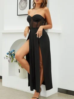 Women's Prom Dress Party Dress Corset Dress Long Dress Maxi Dress Black White Fuchsia Sleeveless Pure Color Mesh Spring Fall Winter Strapless Fashion Winter Dress Wedding Guest Evening Party 2023 S M