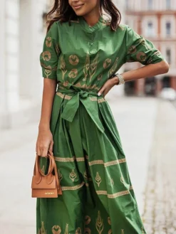 Women's Casual Dress Cotton Linen Dress White Dress Midi Dress Polyester Fashion Gothic Outdoor Daily Vacation Stand Collar Print Half Sleeve Summer Spring Fall 2023 Loose Fit Black Green Apricot -Party Prom Dresses Sales Store dtatjn1690369990946