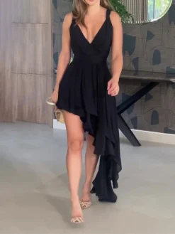 Women‘s Prom Dress Party Dress Wedding Guest Dress Black Dress Long Dress Maxi Dress Sleeveless Pure Color Ruffle Summer Spring Deep V Fashion Birthday Evening Party Wedding Guest S M L XL 2XL 3XL -Party Prom Dresses Sales Store dtegqk1686201594988