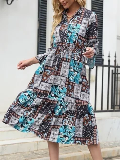 Women's Work Dress A Line Dress Fashion Midi Dress Patchwork Button Stand Collar 3/4 Length Sleeve Leaf Floral Regular Fit Blue Fall S M L XL XXL 9 Women's Work Dress A Line Dress Fashion Midi Dress Patchwork Button Stand Collar 3/4 Length Sleeve Leaf Floral Regular Fit Blue Fall S M L XL XXL -Party Prom Dresses Sales Store dteode1693300571802