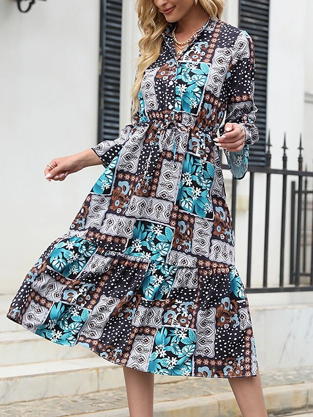Women's Work Dress A Line Dress Fashion Midi Dress Patchwork Button Stand Collar 3/4 Length Sleeve Leaf Floral Regular Fit Blue Fall S M L XL XXL 3 Women's Work Dress A Line Dress Fashion Midi Dress Patchwork Button Stand Collar 3/4 Length Sleeve Leaf Floral Regular Fit Blue Fall S M L XL XXL - Image 3