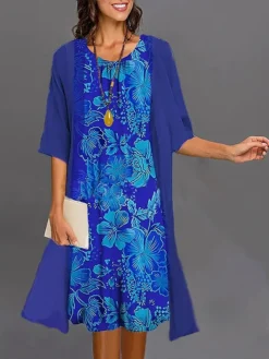Women's Two Piece Dress Set Casual Dress Print Dress Outdoor Daily Fashion Elegant Print Midi Dress Crew Neck 3/4 Length Sleeve Floral Regular Fit Wine Navy Blue Blue Summer Spring S M L XL XXL 11 Women's Two Piece Dress Set Casual Dress Print Dress Outdoor Daily Fashion Elegant Print Midi Dress Crew Neck 3/4 Length Sleeve Floral Regular Fit Wine Navy Blue Blue Summer Spring S M L XL XXL -Party Prom Dresses Sales Store dtjuwe1687920845428