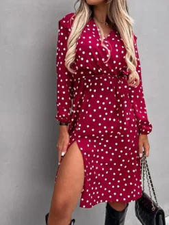 Women's Work Dress Sheath Dress Semi Formal Dress Fashion Midi Dress Lace Up Split V Neck Long Sleeve Polka Dot Loose Fit Black White Red Fall Winter S M L XL XXL -Party Prom Dresses Sales Store dtstoi1692080010075