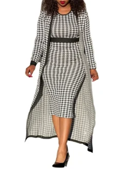 Women's Two Piece Dress Set Casual Dress Sheath Dress Daily Going Out Streetwear Modern Print Midi Dress Crew Neck Long Sleeve Houndstooth Regular Fit Black Fall Winter S M L XL XXL -Party Prom Dresses Sales Store dtvhjn1695194336697