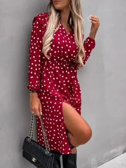 Women's Work Dress Sheath Dress Semi Formal Dress Fashion Midi Dress Lace Up Split V Neck Long Sleeve Polka Dot Loose Fit Black White Red Fall Winter S M L XL XXL -Party Prom Dresses Sales Store dupdkb1692080008217