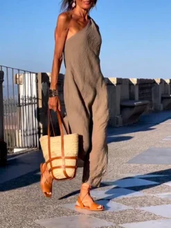 Women's Casual Dress Cotton Linen Dress Shift Dress Midi Dress Linen / Cotton Blend Fashion Basic Outdoor Daily Vacation One Shoulder Split Sleeveless Summer Spring Fall 2023 Loose Fit Khaki Plain S -Party Prom Dresses Sales Store dvahfe1692238266759