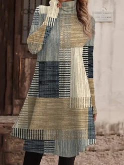 Women's Work Dress Casual Dress Fashion Winter Dress Daily Mini Dress Print Turtleneck Long Sleeve Geometric Plaid Regular Fit Yellow Pink Blue Fall Winter S M L XL XXL -Party Prom Dresses Sales Store dvkpmn1694156881193