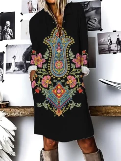 Women's Shirt Dress Casual Dress Cotton Linen Dress Midi Dress Polyester Fashion Casual Daily Outdoor Daily Vacation Shirt Collar Button Print 3/4 Length Sleeve Fall Winter Autumn 2023 Loose Fit -Party Prom Dresses Sales Store dvvqyv1694690883837