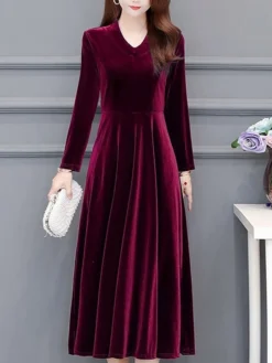 Women‘s Party Dress Wedding Guest Dress Velvet Dress Work Dress Midi Dress Black Wine Royal Blue Long Sleeve Pure Color Ruched Winter Fall Spring V Neck Fashion Spring Dress 2023 M L XL 2XL 3XL 4XL -Party Prom Dresses Sales Store dvykgn1671789629274