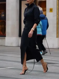 Women's Two Piece Dress Set Shirt Dress Casual Dress Outdoor Office Fashion Basic Button Split Maxi Long Dress Shirt Collar Long Sleeve Plain Loose Fit Black Spring Fall S M L XL 2XL