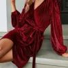 Women‘s Christmas Party Dress Velvet Dress Wedding Guest Dress Mini Dress Wine Blue Dark Green Long Sleeve Pure Color With Belt Spring Fall Winter V Neck Fashion Winter Dress Evening Party