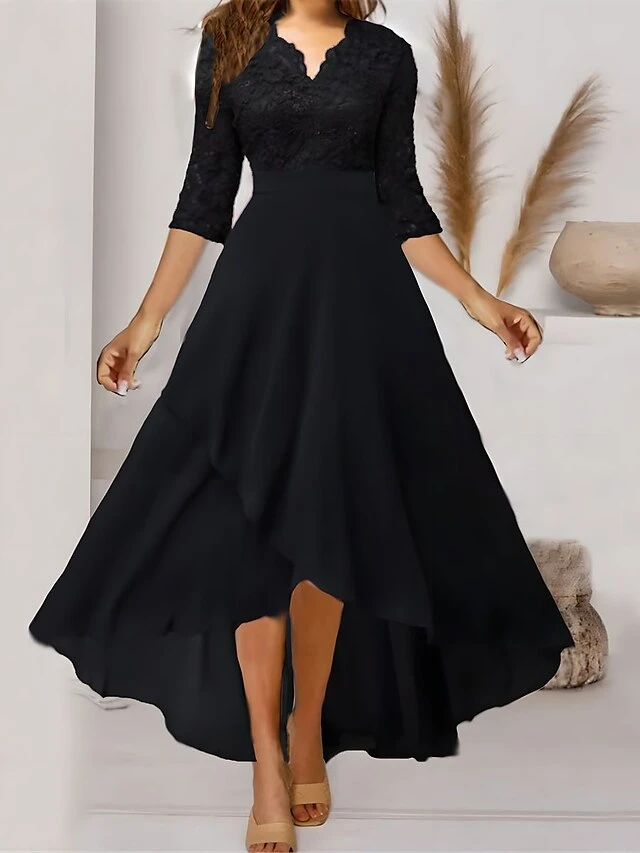 Women‘s Formal Party Dress Maxi Long Dress Navy Blue 3/4 Length Sleeve Print Pure Color Ruched Lace Fall Winter V Neck Elegant Fashion Modern 2023 3XL 3 Women‘s Formal Party Dress Maxi Long Dress Navy Blue 3/4 Length Sleeve Print Pure Color Ruched Lace Fall Winter V Neck Elegant Fashion Modern 2023 3XL - Image 3