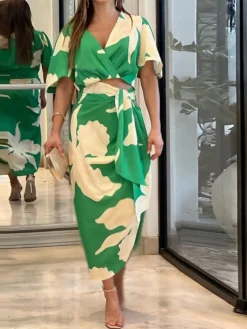 Women's Two Piece Dress Set Sheath Dress Print Dress Outdoor Holiday Casual Ruched Print Maxi Dress V Neck Half Sleeve Floral Regular Fit Green Summer Spring S M L XL XXL