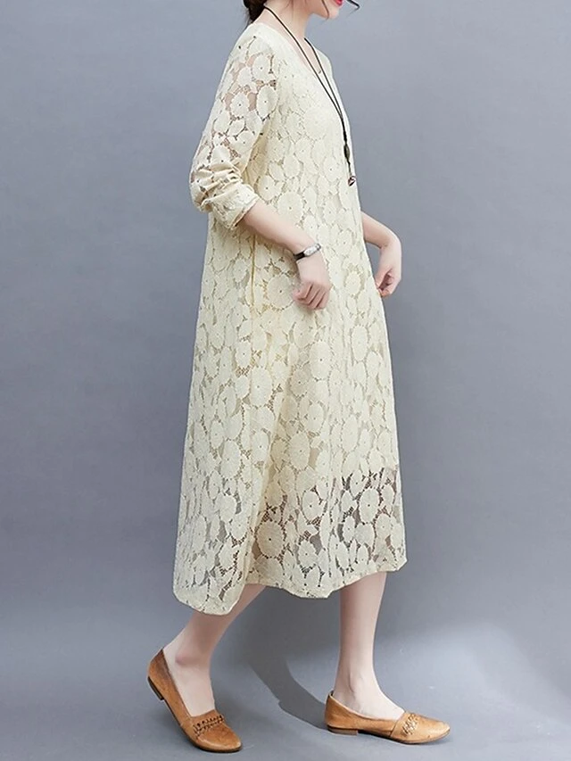 Women's Work Dress Lace Dress Black Dress Fashion Midi Dress Lace Pocket Crew Neck Long Sleeve Plain Loose Fit Black White Pink Fall M L XL XXL 3XL 14 Women's Work Dress Lace Dress Black Dress Fashion Midi Dress Lace Pocket Crew Neck Long Sleeve Plain Loose Fit Black White Pink Fall M L XL XXL 3XL - Image 14