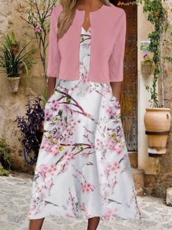 Women's Two Piece Dress Set Casual Dress Tank Dress Outdoor Daily Vintage Ethnic Pocket Print Midi Dress V Neck 3/4 Length Sleeve Floral Print Loose Fit Black White Pink Summer Spring S M L XL XXL -Party Prom Dresses Sales Store dxufdi1689736347610