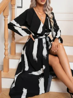 Women's Work Dress Casual Dress Swing Dress Fashion Office Daily Workfashion Midi Dress Lace Up Ruffle V Neck Long Sleeve Print Regular Fit Black Fall Winter S M L XL -Party Prom Dresses Sales Store dyayvc1695267908101