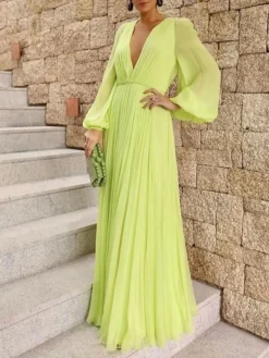 Women's Prom Dress Party Dress Wedding Guest Dress Long Dress Maxi Dress Yellow Purple Long Sleeve Pure Color Ruched Spring Fall Winter V Neck Fashion Winter Dress Evening Party Wedding Guest 2023 S -Party Prom Dresses Sales Store dydfha1693535449994