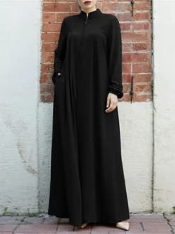 Women's Work Dress Swing Dress Black Dress Classic Long Dress Maxi Dress Zipper Pocket Stand Collar Long Sleeve Plain Loose Fit Black Brown Green Fall Winter S M L XL XXL