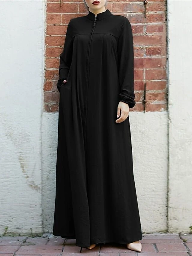 Women's Work Dress Swing Dress Black Dress Classic Long Dress Maxi Dress Zipper Pocket Stand Collar Long Sleeve Plain Loose Fit Black Brown Green Fall Winter S M L XL XXL 1 Women's Work Dress Swing Dress Black Dress Classic Long Dress Maxi Dress Zipper Pocket Stand Collar Long Sleeve Plain Loose Fit Black Brown Green Fall Winter S M L XL XXL
