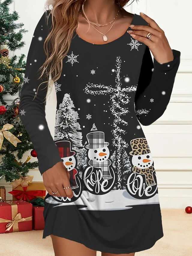 Women's Christmas Work Dress Casual Dress Fashion Winter Dress Daily Mini Dress Print Crew Neck Long Sleeve Santa Claus Snowman Loose Fit Black Wine Green Fall Winter S M L XL XXL 2 Women's Christmas Work Dress Casual Dress Fashion Winter Dress Daily Mini Dress Print Crew Neck Long Sleeve Santa Claus Snowman Loose Fit Black Wine Green Fall Winter S M L XL XXL - Image 2
