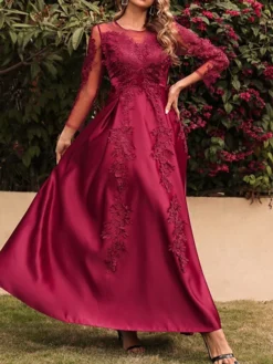 Women's Prom Dress Party Dress Lace Dress Long Dress Maxi Dress Red 3/4 Length Sleeve Pure Color Lace Spring Fall Winter Crew Neck Fashion Party Winter Dress Birthday 2023 S M L XL XXL -Party Prom Dresses Sales Store dzwjfp1654751842703