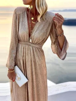 Women's Party Dress Sequin Dress Holiday Dress Long Dress Maxi Dress Beige Long Sleeve Pure Color Shimmer Spring Fall Winter V Neck Fashion Party Winter Dress Birthday Slim 2023 S M L XL 2XL 3XL -Party Prom Dresses Sales Store dzyiok1664429663387